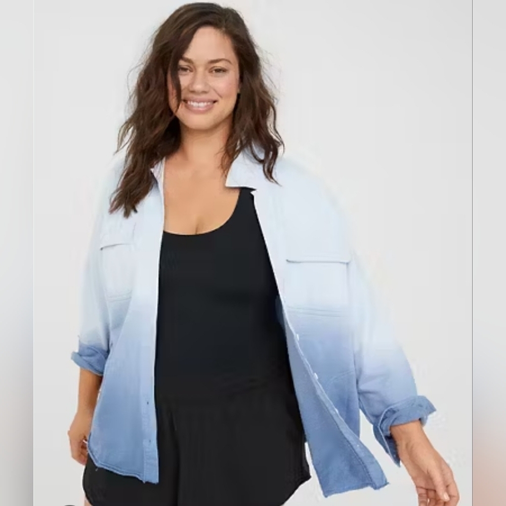 Aerie Offline Throw-Back Shacket, Eyelet Blue, Size Large